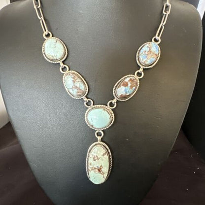 Navajo Blue Golden Hills Turquoise Lariat Necklace Pendant | Sterling Silver | Authentic Native American Handmade | 16282