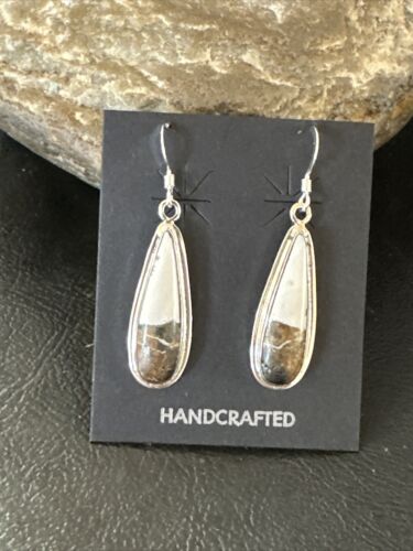 Navajo White Buffalo Turquoise Dangle Earrings | Sterling Silver | Authentic Native American Handmade | 16521