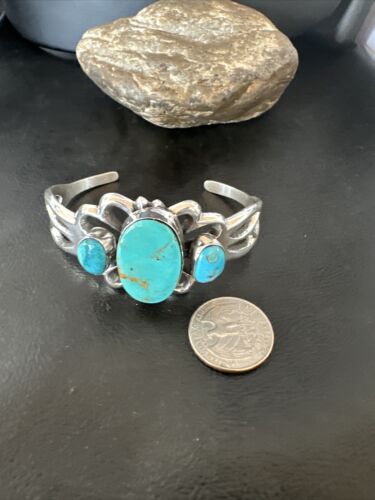 Kingman Turquoise Navajo Cuff Bracelet | Sterling Silver Tufa Cast | Authentic Native American Handmade | 16784 - Masha USA