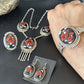 Native American Zuni Inlay Necklace Earrings Bracelet Set | Turquoise Onyx Coral | Sterling Silver | 16168