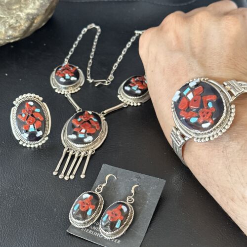 Native American Zuni Inlay Necklace Earrings Bracelet Set | Turquoise Onyx Coral | Sterling Silver | 16168