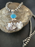 Navajo Wild Horse | Blue Kingman Turquoise Necklace | Sterling Silver | Authentic Native American Handmade | 17309