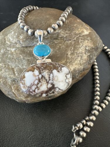 Navajo Wild Horse | Blue Kingman Turquoise Necklace | Sterling Silver | Authentic Native American Handmade | 17309