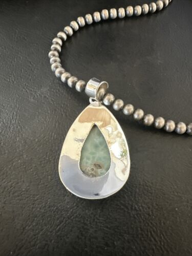 Navajo Blue Larimar Pendant Necklace | Sterling Silver Beads | Authentic Native American Handmade | 17566