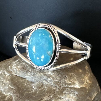 Women's Blue Kingman Turquoise Cuff Bracelet | Navajo Sterling Silver | Authentic Native American Jewelry | 16246
