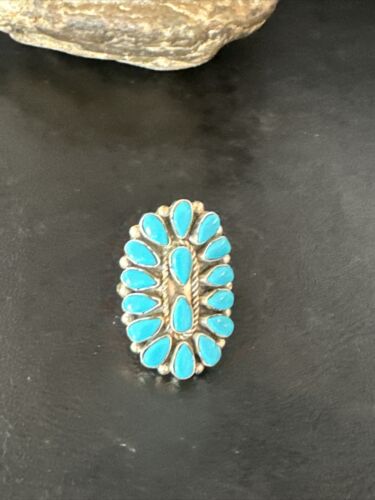 Navajo Blue Turquoise Cluster Ring | Authentic Native American Sterling Silver | Multi-Stone | Sz 8 | 14909