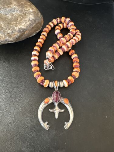 Navajo Orange Purple Spiny Oyster Naja Pendant Necklace | Sterling Silver | Authentic Native American Handmade | 15536