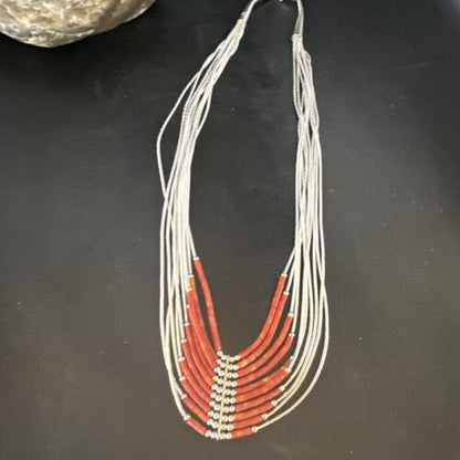 Navajo Red Coral Liquid Silver Heishi Necklace | 10 Strand | Sterling Silver Tubes | 18" | 15139