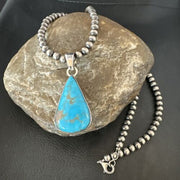 Navajo Blue Kingman Turquoise Pendant Necklace | Sterling Silver | 20" | Authentic Native American Handmade | 17011