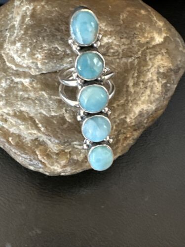 Navajo Women's Cluster Blue Larimar Ring | Authentic Native American Sterling Silver | Multi-Stone | Sz 7 | 15945