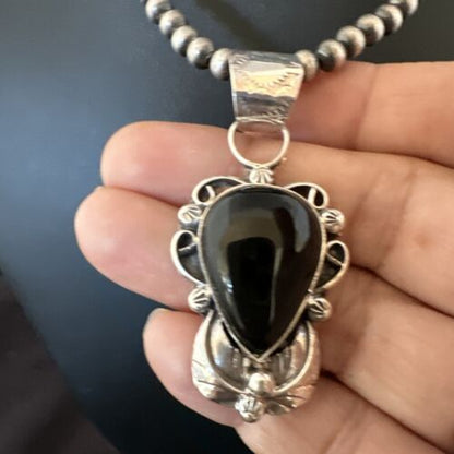 Navajo Pearls Black Onyx Necklace Pendant | Sterling Silver | Authentic Native American Handmade | 16532