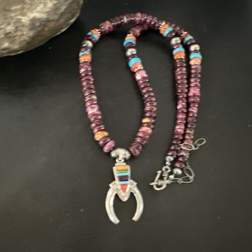 Navajo Purple Spiny Oyster Turquoise Naja Pendant Necklace | Sterling Silver | Authentic Native American Handmade | 16809