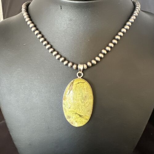 Navajo Green Gaspeite Pendant Necklace | Sterling Silver | Authentic Native American Handmade | 15482