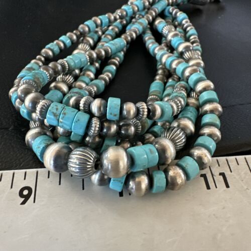 Navajo Sterling Silver 5 Strand 8mm Turquoise Heishi Necklace & Earrings Set | 20" | 17184