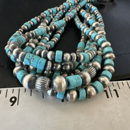Navajo Sterling Silver 5 Strand 8mm Turquoise Heishi Necklace & Earrings Set | 20" | 17184