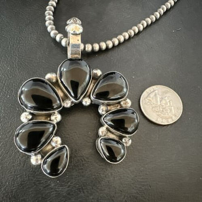 Men's Black Onyx Naja Pendant | Navajo Pearls Sterling Silver Necklace | Authentic Native American Handmade | 17070