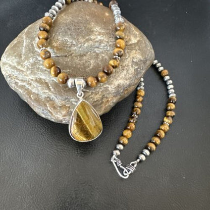 Southwestern Coffee Brown Tiger's Eye Pendant Necklace | Sterling Silver | 15864