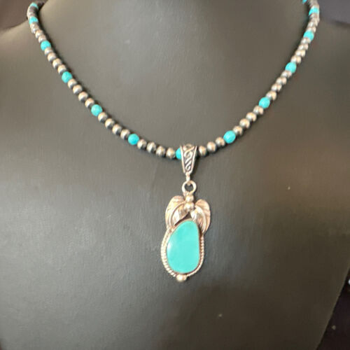 Navajo Pearls Kingman Turquoise Pendant Necklace | Sterling Silver | Authentic Native American Handmade | 14894