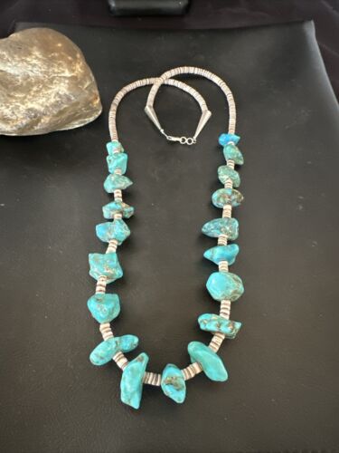 Navajo Kingman Turquoise Shell Heishi Bead Necklace | Sterling Silver | 28" | Authentic Native American Handmade | 17448