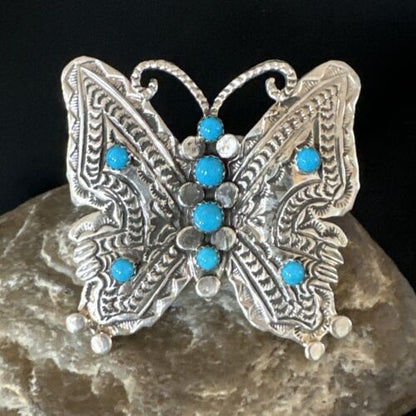 Navajo Turquoise Butterfly Ring | Authentic Native American Sterling Silver | Multi-Stone | Adjustable Women's Sz 8 | 16169