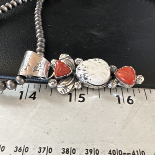 Navajo White Buffalo Coral Necklace | Sterling Silver | Native American Handmade | 15450