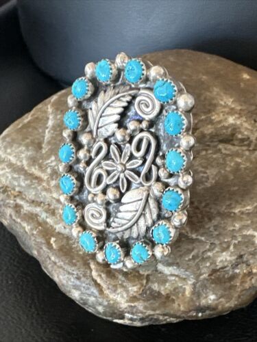 Navajo Blue Kingman Turquoise Cluster Ring | Authentic Native American Sterling Silver | Multi-Stone | Adjustable Sz 8 | 16324