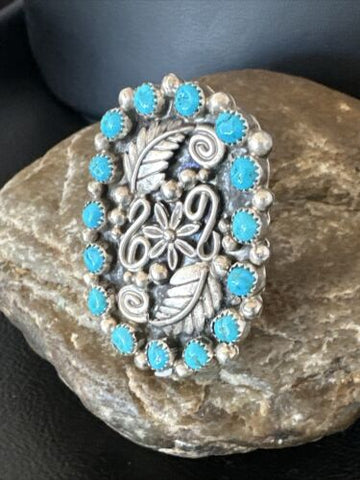 Navajo Sterling Silver Cluster Blue Kingman Turquoise Adjustable Ring Sz 8 16324