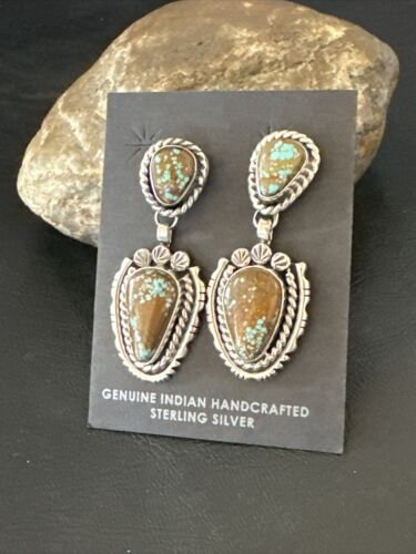 Navajo Blue Turquoise #8 Dangle Earrings | Sterling Silver | Authentic Native American Handmade | 17494