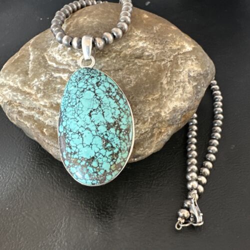 Men's Navajo Blue Spiderweb Turquoise Pendant Necklace | Sterling Silver | Authentic Native American Handmade | 16194