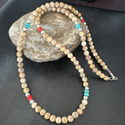 Navajo Turquoise Coral Picture Jasper Necklace | Sterling Silver | 24" | Authentic Native American Handmade | 17607