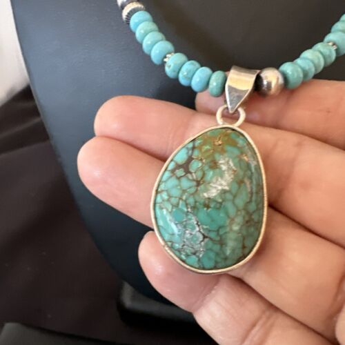 Navajo Blue Spiderweb Turquoise Pendant Necklace | Sterling Silver | Authentic Native American Handmade | 16936