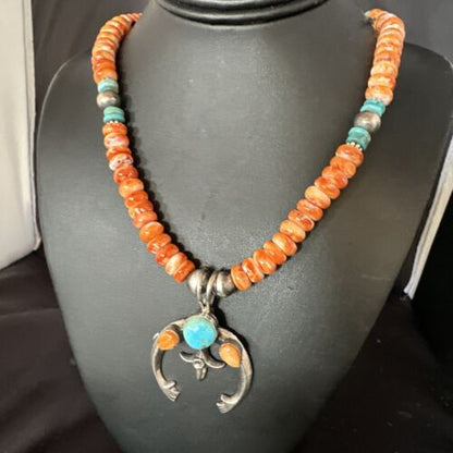 Navajo Blue Turquoise Spiny Naja Pendant Necklace | Sterling Silver | 23" | Authentic Native American Handmade | 14931