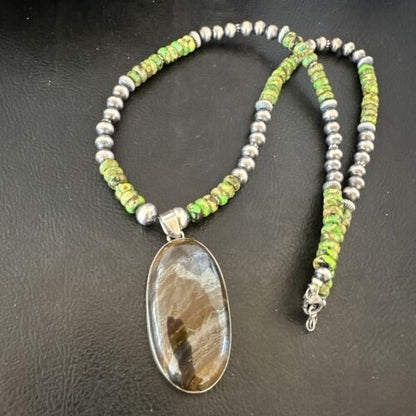 Navajo Green Turquoise Jasper Pendant | Sterling Silver Necklace | Authentic Native American Handmade | 16922