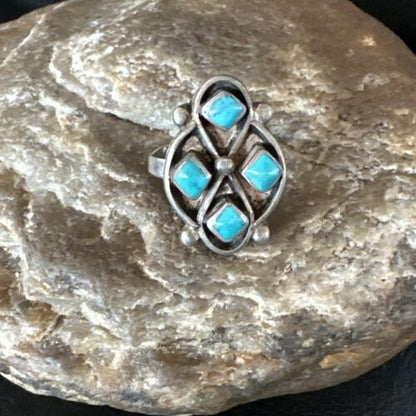 Navajo Blue Kingman Turquoise Cluster Ring | Authentic Native American Sterling Silver | Multi-Stone | Sz 5 | 15357