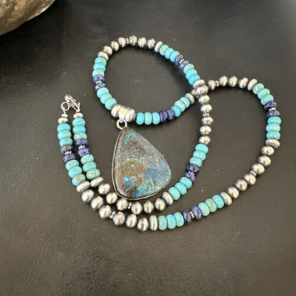 Blue Turquoise Jasper Pendant | Lapis Navajo Pearls | Sterling Silver Necklace 16927 - Masha USA