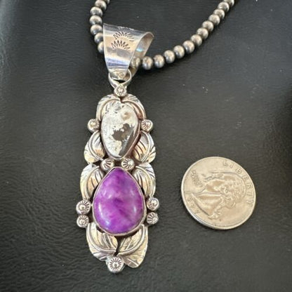 Navajo Pearls Pendant | White Buffalo Turquoise & Sugilite | Sterling Silver | Native American Handmade | 16869