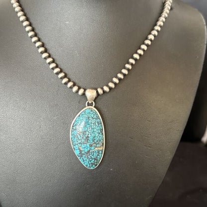 Men's Navajo Blue Spiderweb Turquoise Pendant Necklace | Sterling Silver | Authentic Native American Handmade | 16217