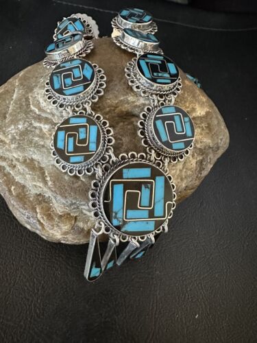 Navajo Sterling Silver Turquoise Onyx Choker Necklace | Inlay Pendant | 18" | 15535