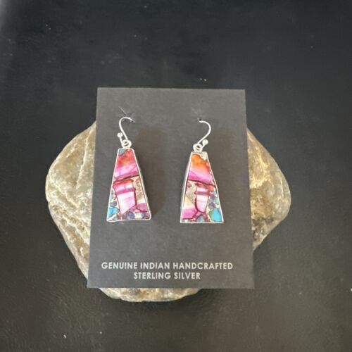 Navajo Blue Turquoise Purple Spiny Oyster Inlay Dangle Earrings | Sterling Silver | 15563
