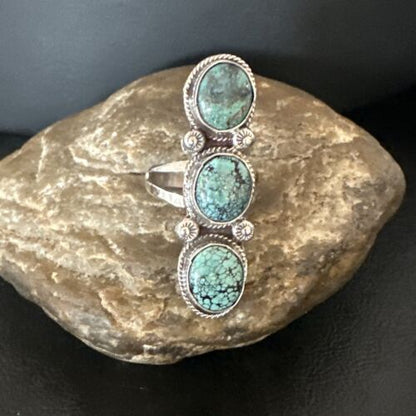 Navajo Blue Spiderweb Turquoise 3-Stone Ring | Authentic Native American Sterling Silver | Multi-Stone | Sz 9 | 16706