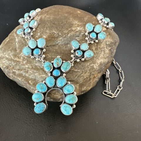 Blue SB Kingman Turquoise Sterling Silver Squash Blossom Necklace 16829