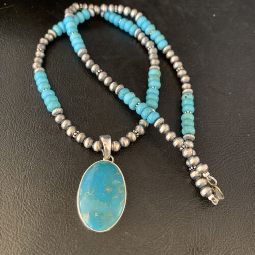 Navajo Blue Turquoise Pendant Necklace | Sterling Silver | Authentic Native American Handmade | 13867