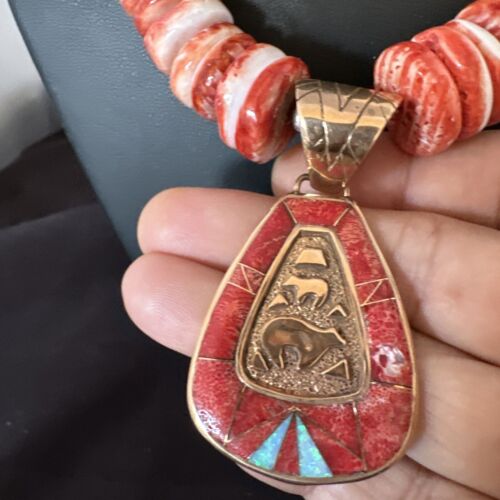 Navajo Red Spiny Oyster Pendant Necklace | Sterling Silver | Brass Inlay | Authentic Native American Handmade | 15789