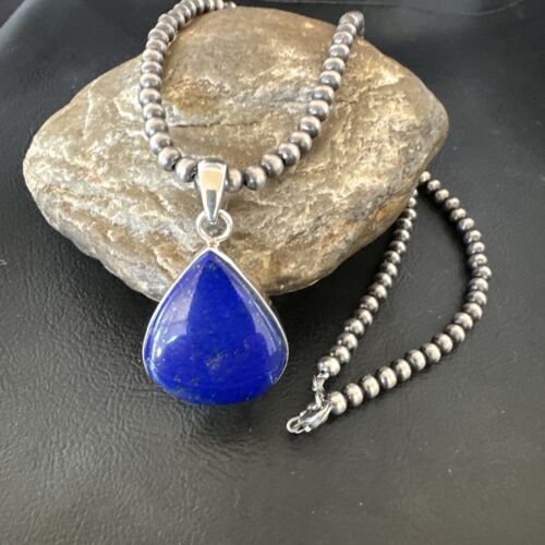 Navajo Blue Lapis Pendant with Pearls | Sterling Silver Necklace | 20" | Authentic Native American Handmade | 16670
