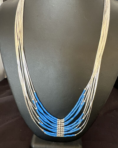 Navajo Denim Lapis Heishi Necklace | 10 Strand Sterling Liquid Silver Tube | 22" | 16319
