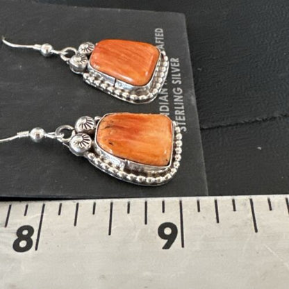 Navajo Orange Spiny Oyster Dangle Earrings | Sterling Silver | Authentic Native American Handmade | 17274