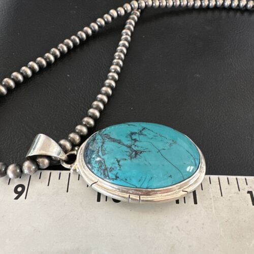 Men's Navajo Blue Spiderweb Turquoise Pendant Necklace | Sterling Silver | Authentic Native American Handmade | 16197