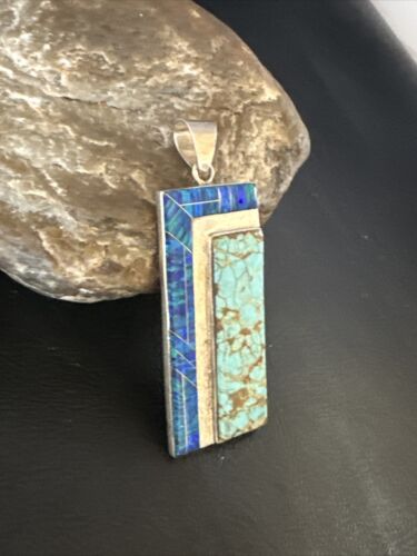 Men's Women's Blue #8 Turquoise Opal Inlay Pendant | Navajo Sterling Silver | 15198