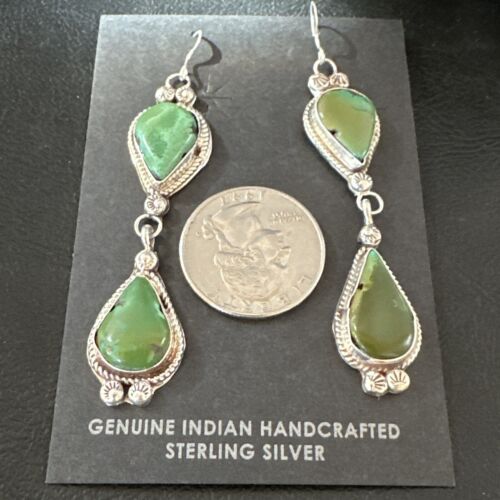 Navajo Green Royston Turquoise Dangle Earrings | Sterling Silver | Authentic Native American Handmade | 17142