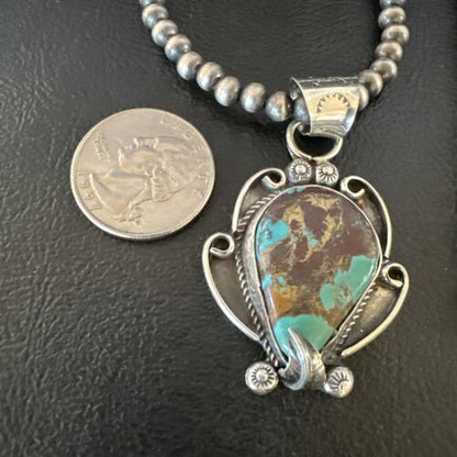 Navajo Blue Turquoise Pendant Necklace | Sterling Silver Pearls | Authentic Native American Handmade | 15649
